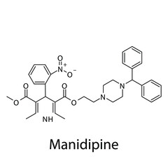 Manidipine molecular structure, flat skeletal chemical formula. Calcium channel blocker CCB Dihydropyridine drug used to treat Hypertension. Vector illustration.