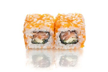 Two pieces of Japanese sushi roll with flying fish roe on top and salmon and cucumber inside roll. Side view of Asian inside out roll isolated on white background. Copy space menu image
