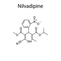 Nilvadipine molecular structure, flat skeletal chemical formula. Calcium channel blocker CCB Dihydropyridine drug used to treat Hypertension. Vector illustration.