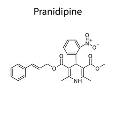 Pranidipine molecular structure, flat skeletal chemical formula. Calcium channel blocker CCB Dihydropyridine drug used to treat Hypertension. Vector illustration.