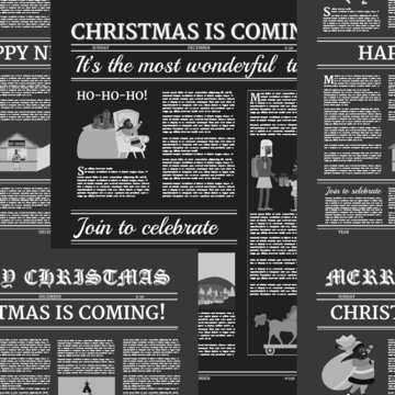 Christmas newspaper Seamless pattern black background. Old paper retro style. Vector illustration decoration design