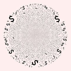 Obraz premium Dollar symbol exploding round cluster. Object pattern organized from scattered dollar symbol icons as exploding round shape. Abstraction round cluster mosaic combined from dollar symbol icons.