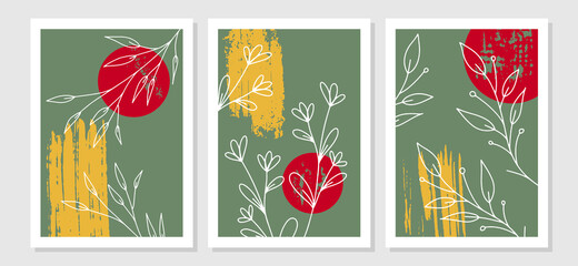 Botanical wall art background vector set. Earth tone natural colors foliage line art boho plants drawing with abstract shape. Mid century modern design for prints, poster, cover and wallpaper