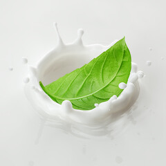 Basil leaf falls into milk, yoghurt, sour cream, Splash