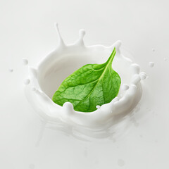 Spinach falls into milk, yoghurt, sour cream, Splash