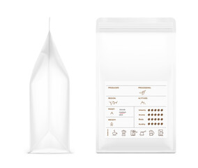 Realistic bag mockup with template label isolated on white background. Front view. Vector illustration. Can be use for your design, presentation, promo, ad. EPS 10.