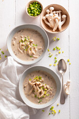 Shimeji mushroom soup as aromatic Japanese cuisine.