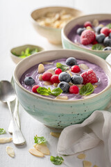 Homemade cream cold soup made of cream and blueberries.