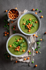 Healthy pea soup made of fresh vegetables.