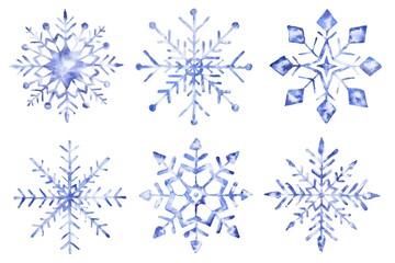 Watercolor snowflakes set on white background. Winter season illustration.