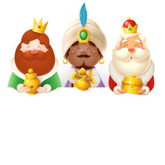 Three Kings or Wise men with gifts peeking on top of board - isolated on transparent background