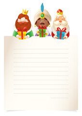Three Kings or Wise men with gifts peeking on top of paper - letter template on white background - Happy Epiphany