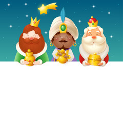 Three Kings or Wise men with gifts peeking on top of board at silence night - template