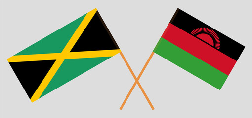 Crossed flags of Jamaica and Malawi. Official colors. Correct proportion