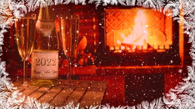 New Years Eve. Image of a bottle of champagne and two glasses of champagne against the background of the fireplace. New Year and Christmas mood. Holiday.	
