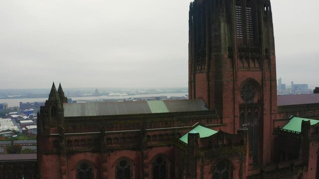 Aerial view of the Liverpool Cathedral or Cathedral Church of Christ of the Risen Christ on St James Mount in Liverpool, UK
