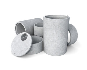 Concrete goods production: stack of tube elements and lids, 3d illustration