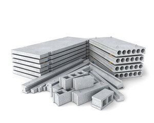Concrete goods production: slabs and girders, profiles and blocks are stacked together, 3d illustration