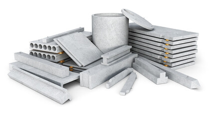 Stack of concrete goods production: different types of slabs and profiles and other various elements, 3d illustration
