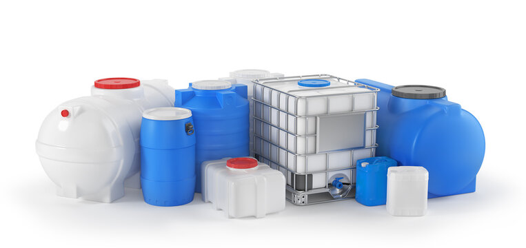 Plastic water tanks in different form on a white background. 3d illustration