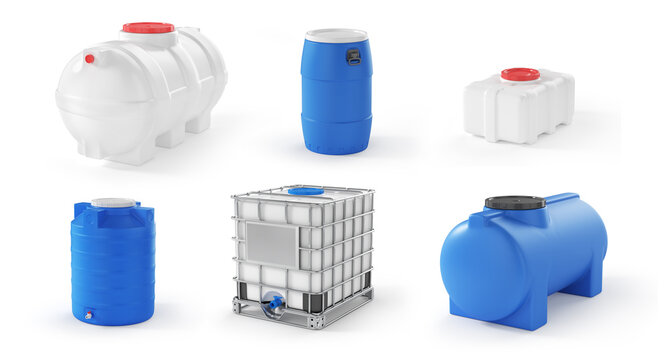 Set of plastic water tanks in different form on a white background. 3d illustration