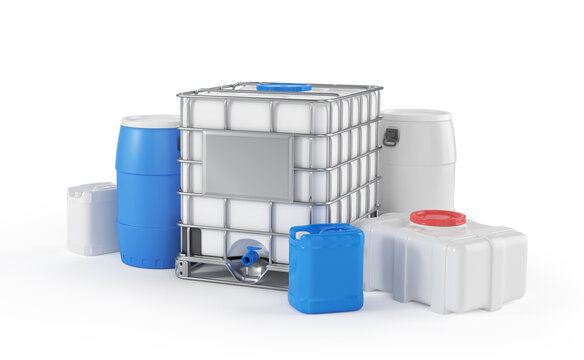 Plastic water tanks in different form on a white background. 3d illustration