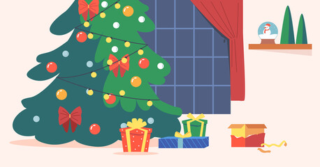 Room at Christmas Night, Empty Home Interior with Decorated Fir Tree with Gifts and Presents and Wide Curtained Window