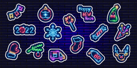 New year stickers neon set. Glowing icons. New Year and Christmas concept. Vector illustration for design.