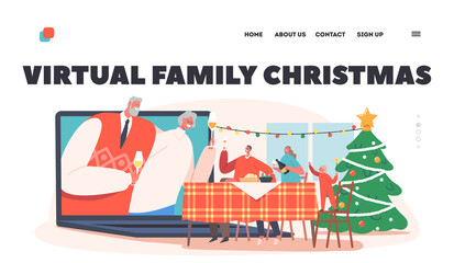 Virtual Family Christmas Landing Page Template. Grandparents, Parents and Child Clinking Glasses through Laptop Online