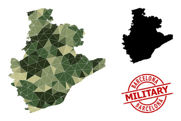 Lowpoly mosaic map of Barcelona Province, and textured military stamp. Lowpoly map of Barcelona Province constructed with randomized camo color triangles.