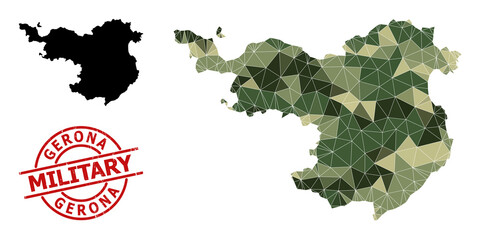 Low-Poly mosaic map of Gerona Province, and distress military stamp imitation. Low-poly map of Gerona Province designed of chaotic camo colored triangles.