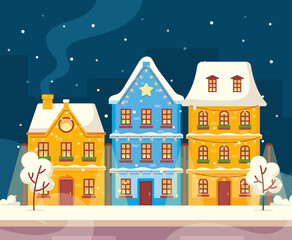 Night Vintage Town Street with Snowy Trees. Empty Winter City with Retro Houses, Cute Decorated Buildings