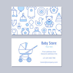 Baby store discount card outline design template. Thin line visit identity on white background. Kids clothing, toy, furniture, accessories. Business contact, mobile phone, web vector illustration.