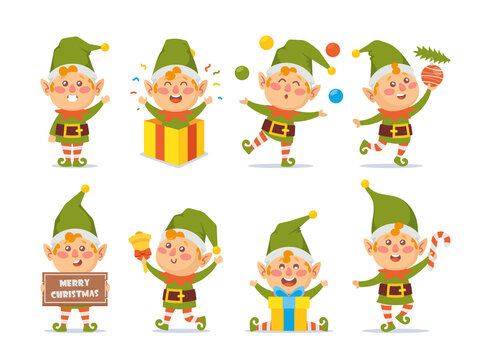 Collection of Christmas Elves Isolated on White Background. Bundle of Little Santa's Helpers Holding Holiday Gifts