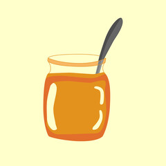 Honey in a glass jar with a spoon, isolated on a white background. Vector illustration of natural sweets in a cartoon flat style.