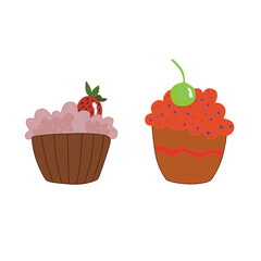 A set of small cakes decorated with whipped cream and berries. Sweet sugar desserts. Color vector illustration isolated on a white background. 