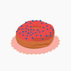 A donut with pink icing on a napkin, isolated on a white background, vector illustration.