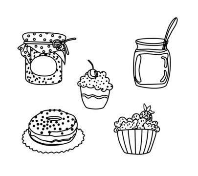 A set of delicious cupcakes with whipped cream and berries, raspberry jam, honey in a jar and a donut. Vector linear illustration on a white background. A collection of sweet desserts.