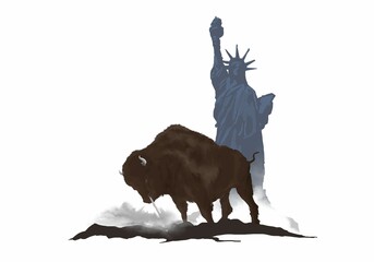Second beast of Revelation 13, from the earth and statue in the background, Bible imagery religious illustration. Some regard bison as symbol of America. - obrazy, fototapety, plakaty