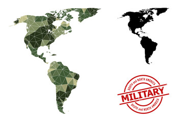 Low-Poly mosaic map of South and North America, and unclean military rubber seal. Low-poly map of South and North America is combined with chaotic camouflage colored triangles.
