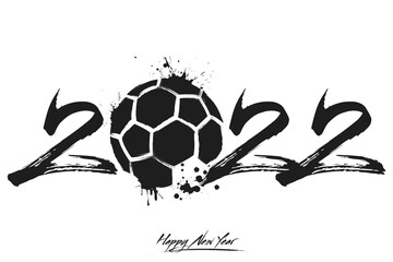 Numbers 2022 and a abstract handball ball made of blots in grunge style. Design text logo Happy New Year 2022. Template for greeting card, banner, poster. Vector illustration on isolated background - obrazy, fototapety, plakaty