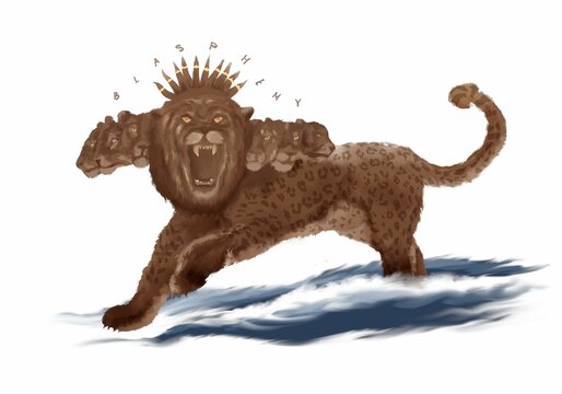 Beast of Revelation 13 from the sea, with 7 heads and 10 horns, Bible imagery religious illustration