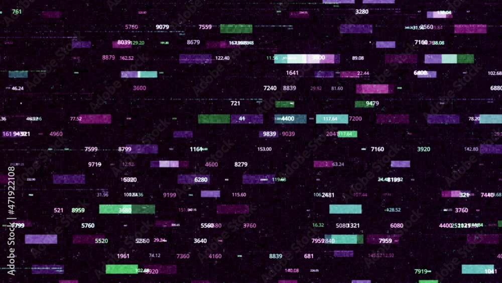 Poster Technological background with slow motion of rectangles surrounded by numeric data, seamless loop. Animation. Abstract colorful rectangular shapes with moving numbers.