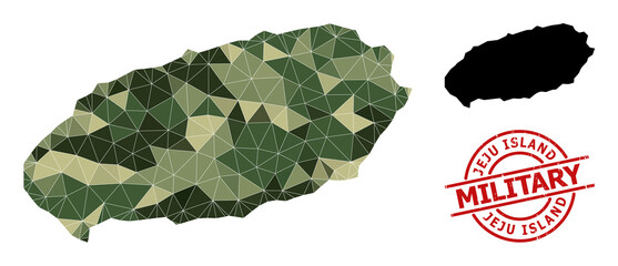 Lowpoly mosaic map of Jeju Island, and grunge military stamp seal. Lowpoly map of Jeju Island designed of scattered khaki filled triangles.