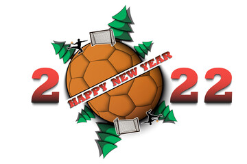 Happy new year. 2022 with  handball ball, Christmas trees and cyclist. Original template design for greeting card, banner, poster. Vector illustration on isolated background