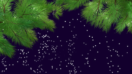 Fototapeta na wymiar Christmas border. Festive Garland and bokeh. Border with branches of a Christmas tree, 3d render. Christmas design.