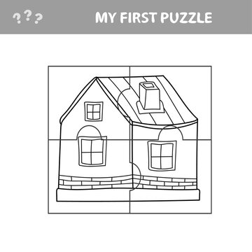 Education paper game for children, carton House. My first puzzle - game for kids. Coloring page