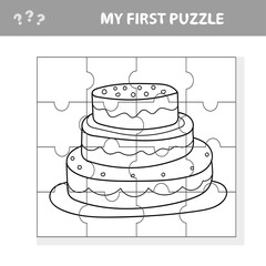 Education paper game for children, sweet cake. My first puzzle. Game for kids. Pieces of puzzle. Coloring page