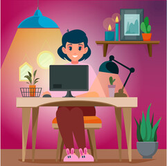 Freelancer girl sits at the table and works on a computer or laptop. Deadline at night before delivery of the project and layout. Vector illustration of a modern flat style.