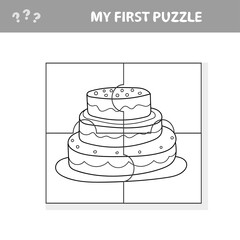 Education paper game for children, sweet cake. My first puzzle. Game for kids. Pieces of puzzle. Coloring page